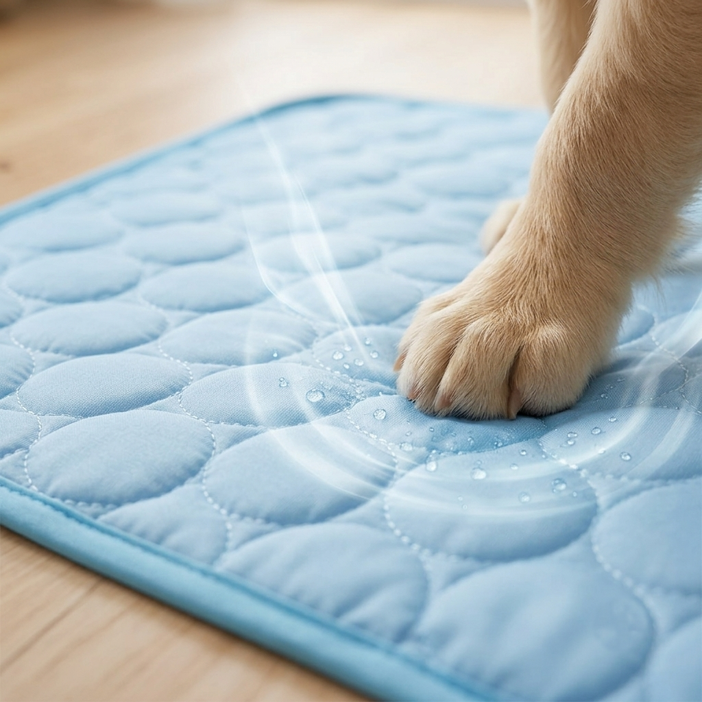 A light blue quilted pet mat on a wooden floor, with a dog's paw stepping onto it to demonstrate comfort and absorbency.