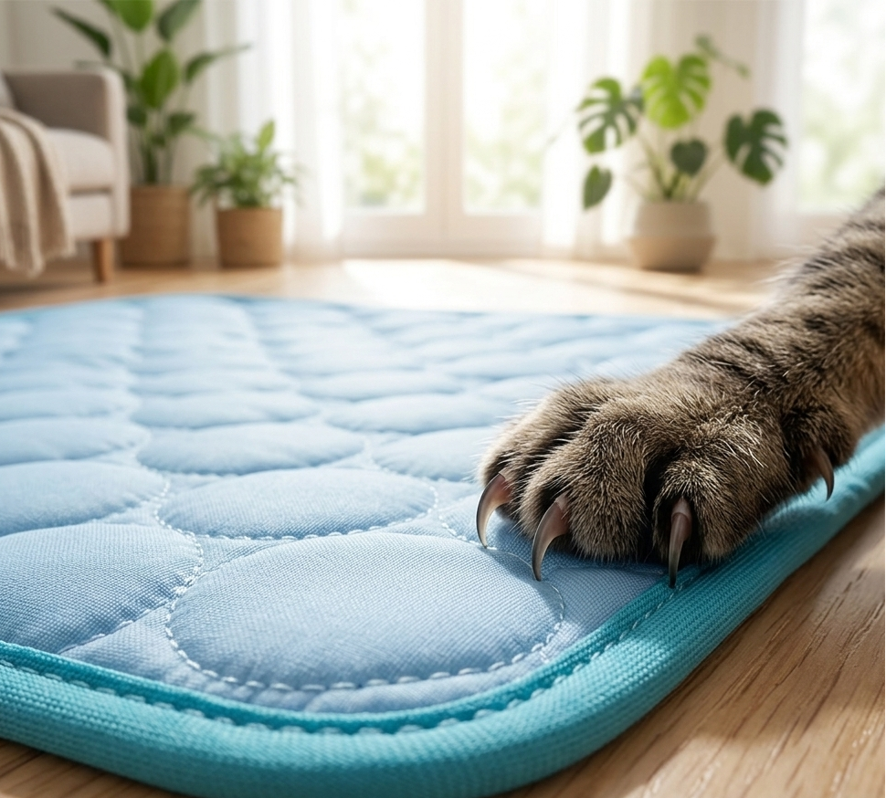 A light blue quilted pet mat with a turquoise edge, shown on a wooden floor in a bright room with a cat's paw resting on the surface.